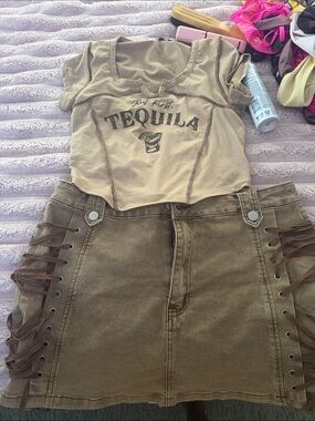 Beige 'But First Tequila' Crop Top with brown Lace-Up Skirt